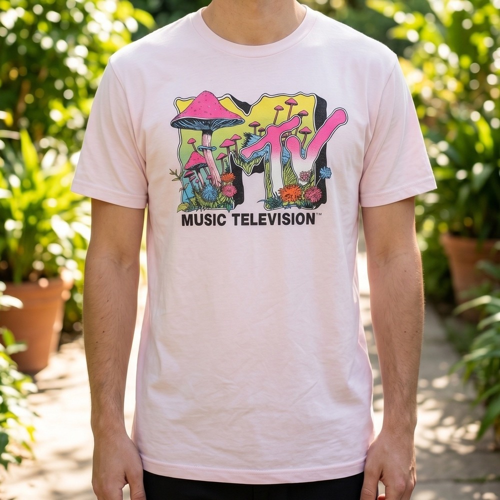 MTV Music Television Mushroom Graphic T-Shirt Pink Psychedelic Logo Tee M